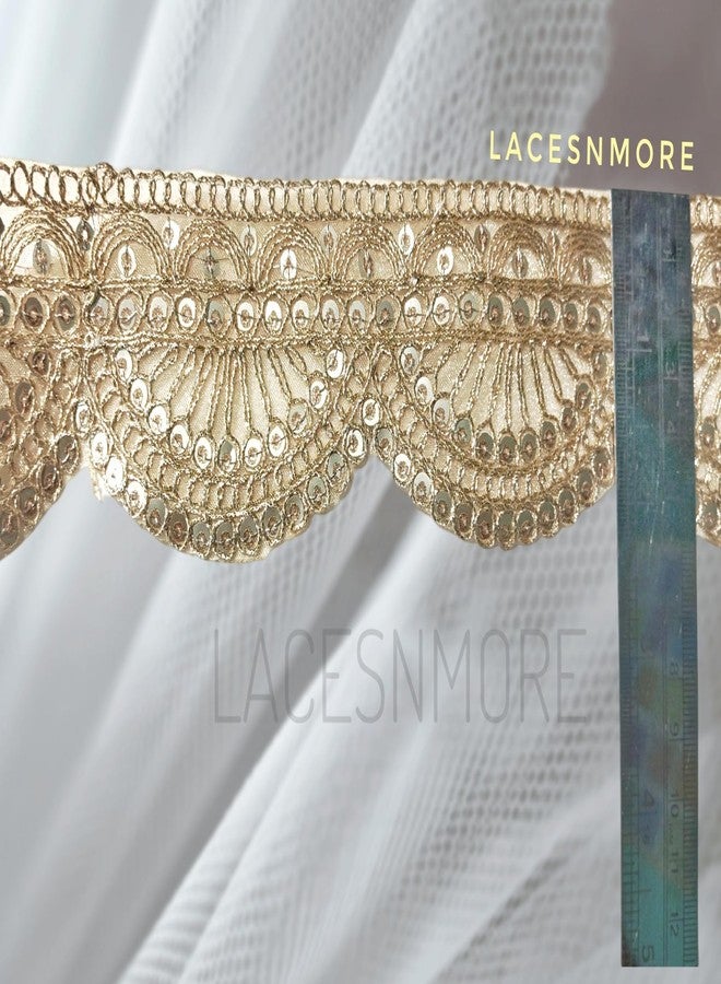 Lacesnmore Golden lace Organza zari Scallop Work Embroidery Lace and Borders Material for Dresses, Sarees lace, Lehenga, Suits, Blouses, Dupatta, chunri and Crafts (9 Meter- Light Gold) - Image 2